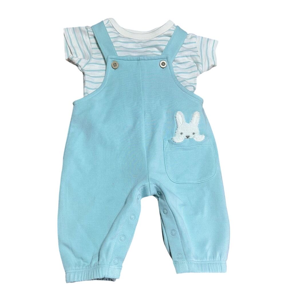 Cloud Island NB 2-piece short sleeve t-shirt embroidered bunny overalls in blue